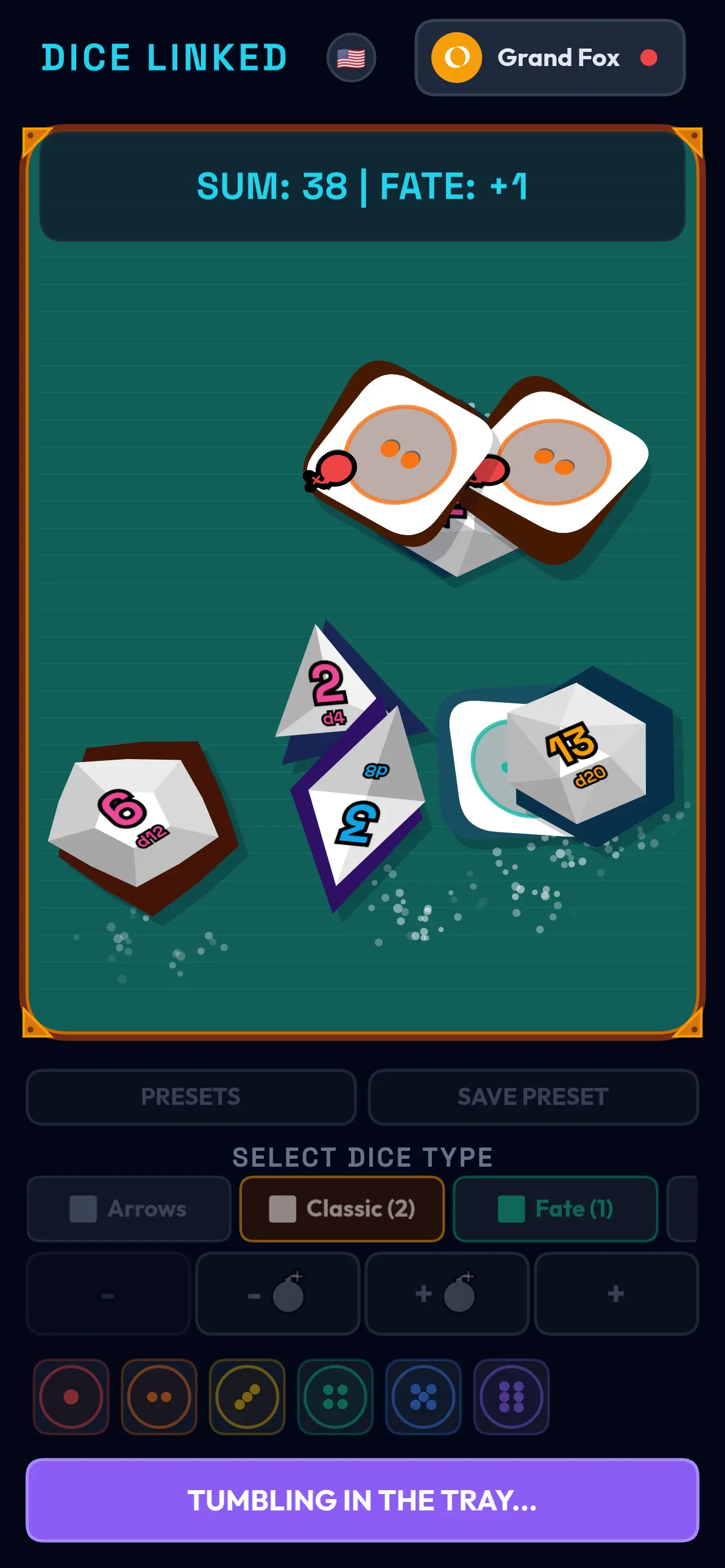 DICE LINKED online dice roller interface with active player tray