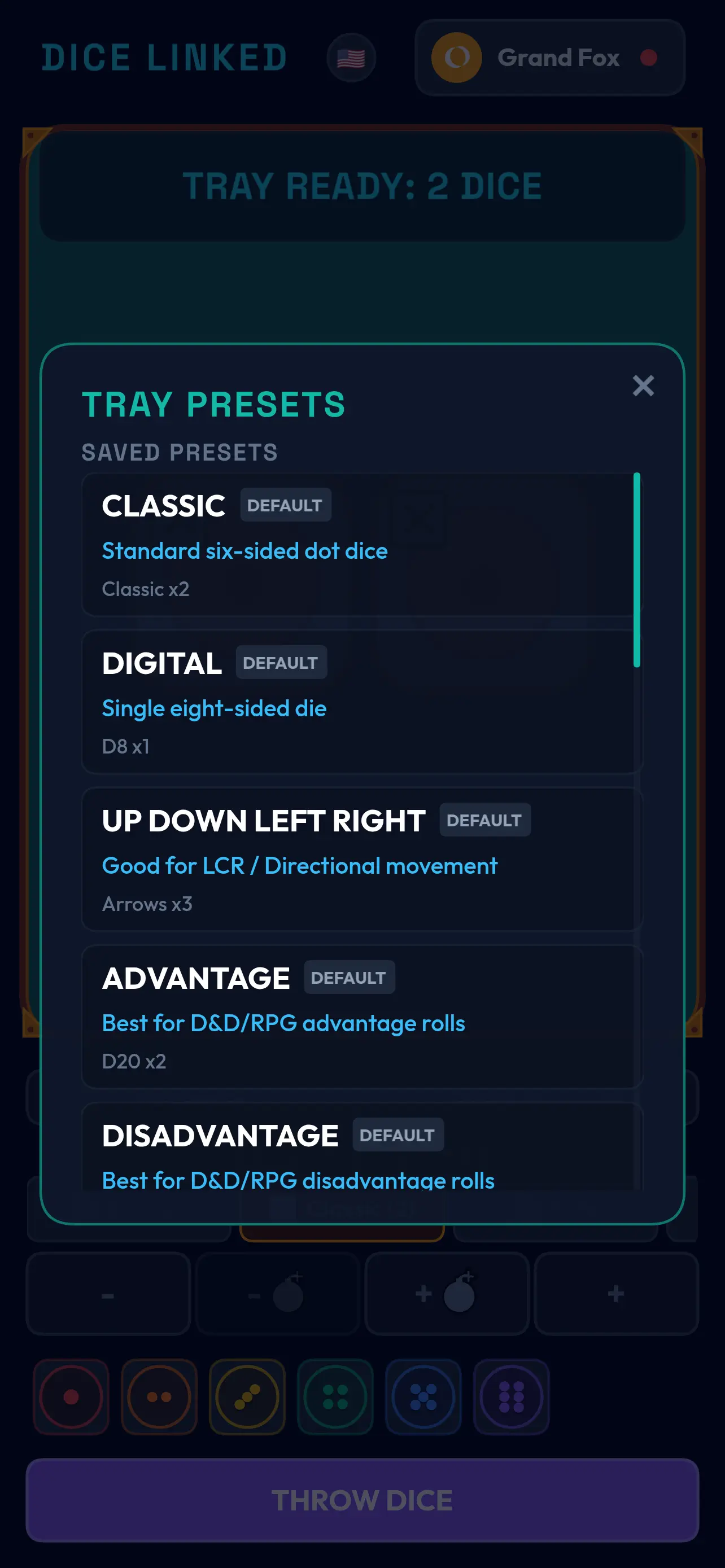 DICE LINKED custom dice presets manager for D&D D20, D6, and FATE rolls