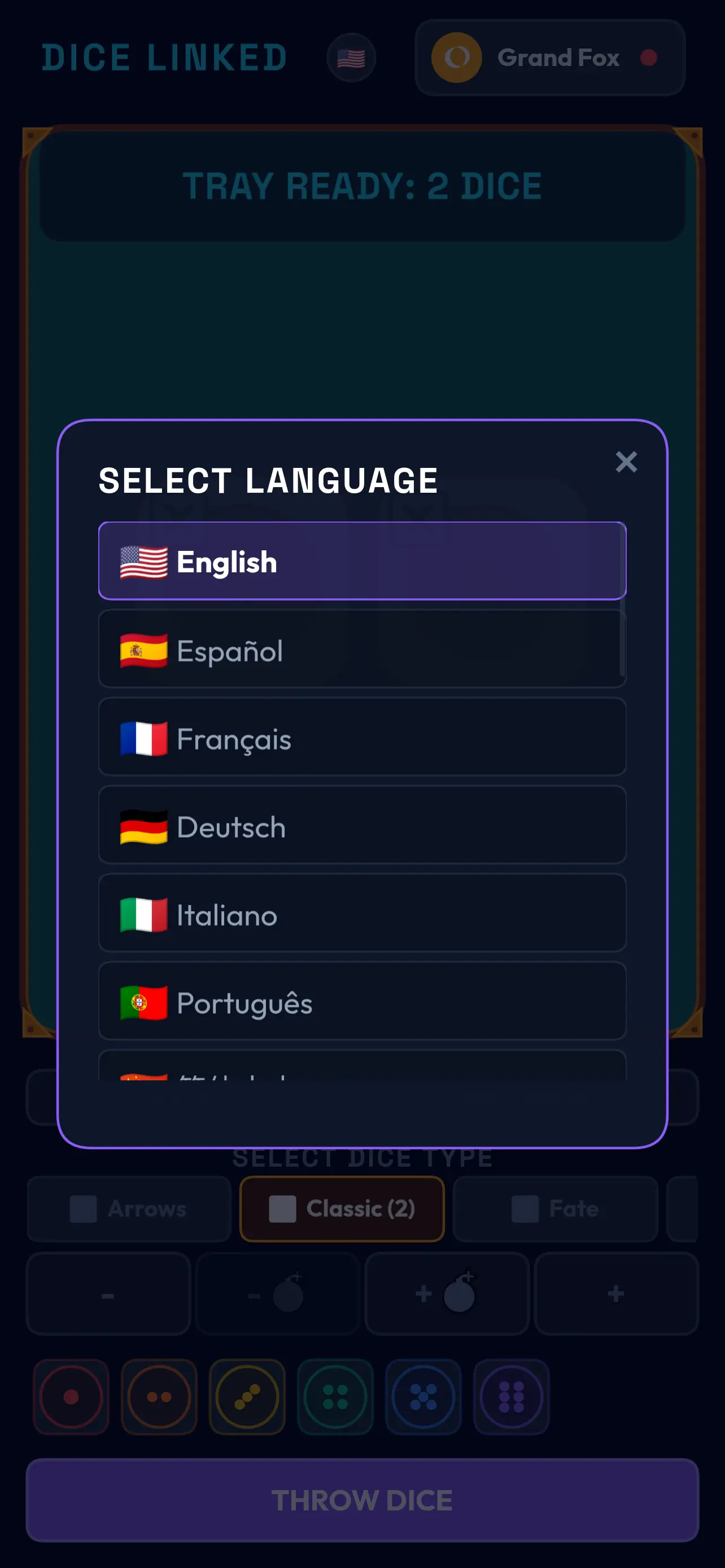 DICE LINKED multi-language selection menu for international players