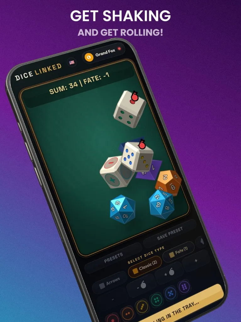DICE LINKED dice tray mid-roll — get shaking and get rolling